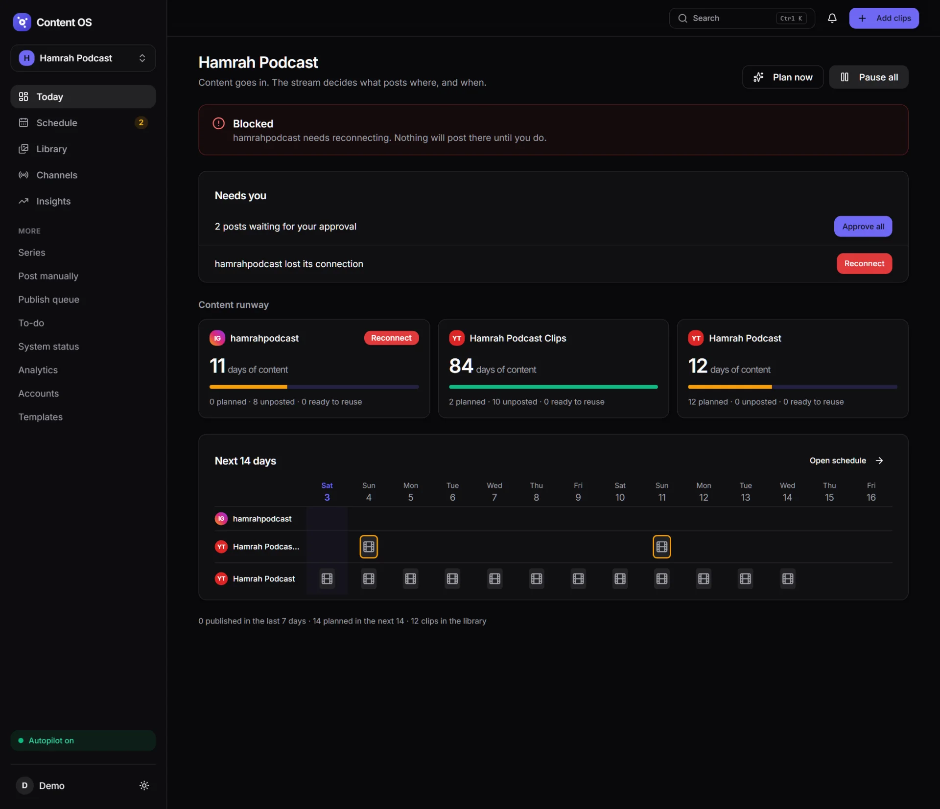 Content OS Today screen with status banner, Needs you list, runway per channel and the next 14 days.