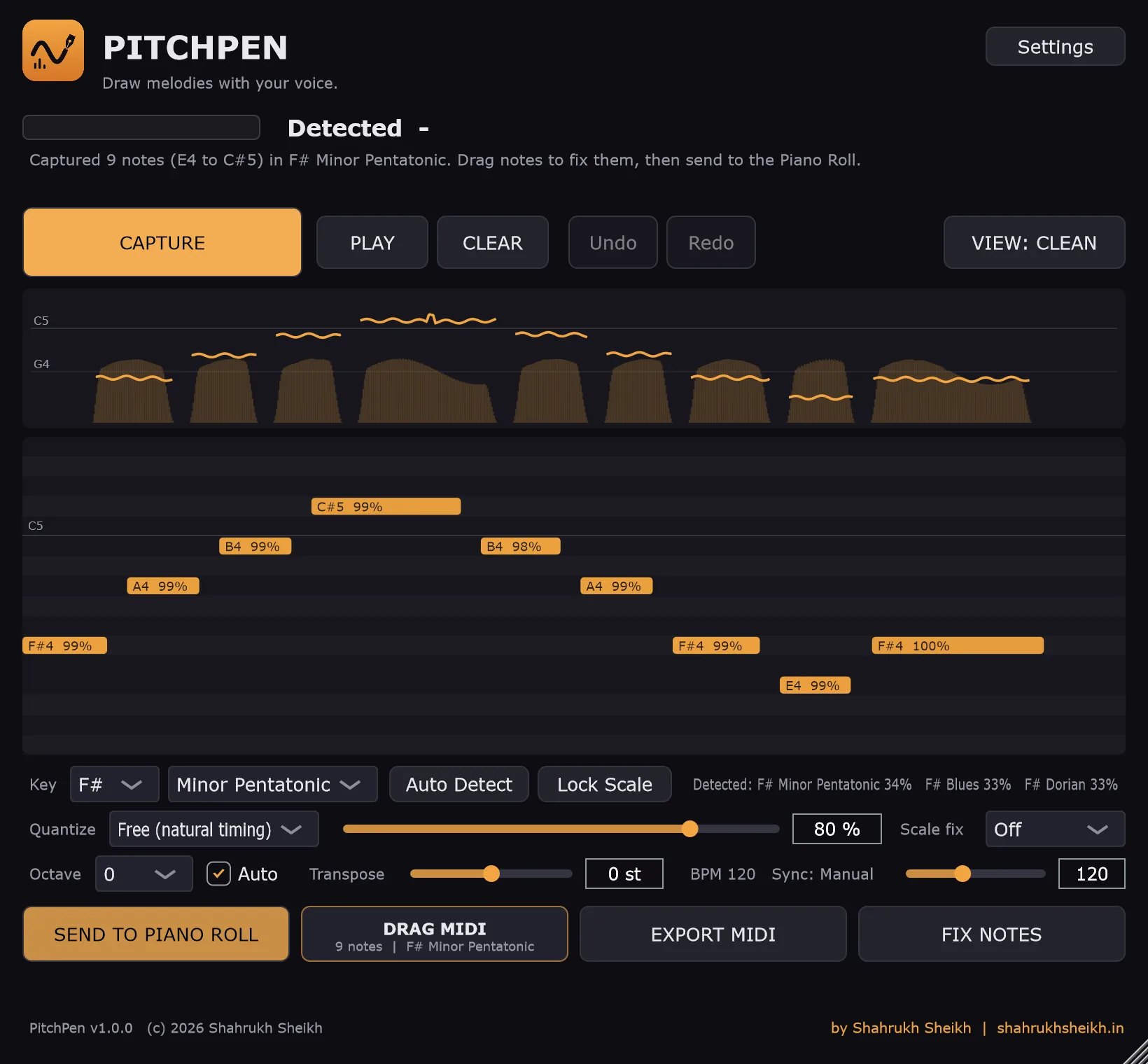 PitchPen after a capture: a pitch curve, nine clean notes on a piano-roll grid, and the detected key F# Minor Pentatonic.