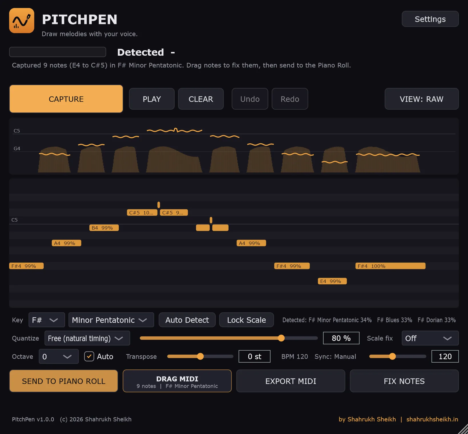PitchPen's Raw view of the generated test take, with fragmented notes and tiny stray notes.