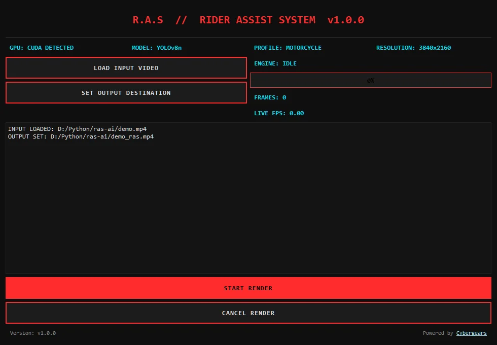 The R.A.S window: red title bar text, an info strip reading CUDA DETECTED, YOLOv8n, PROFILE MOTORCYCLE and RESOLUTION 3840x2160, Load Input Video and Set Output Destination buttons, engine status IDLE, a progress bar at zero, a log, and Start Render and Cancel Render buttons.
