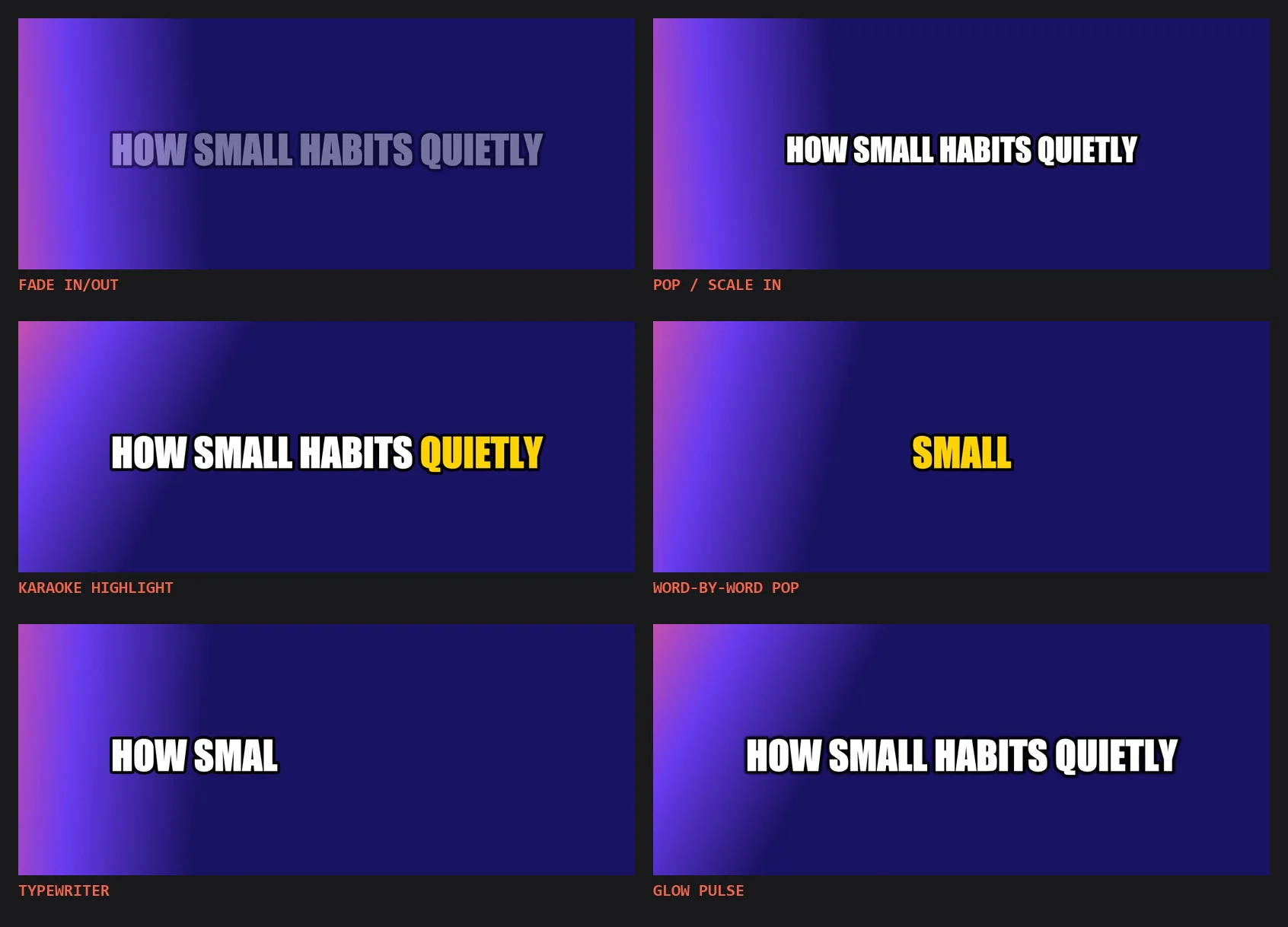 Six frames cut from exported videos, each showing the caption HOW SMALL HABITS QUIETLY: fading in, popping in, with a karaoke highlight, one word at a time showing only SMALL, typing out as HOW SMAL, and with a glow pulse.
