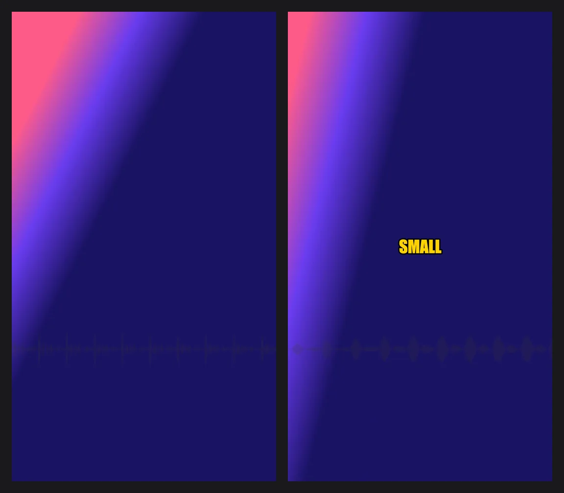 Two vertical video frames side by side: the original with no captions, and the exported version with the single word SMALL in bold yellow in the middle.
