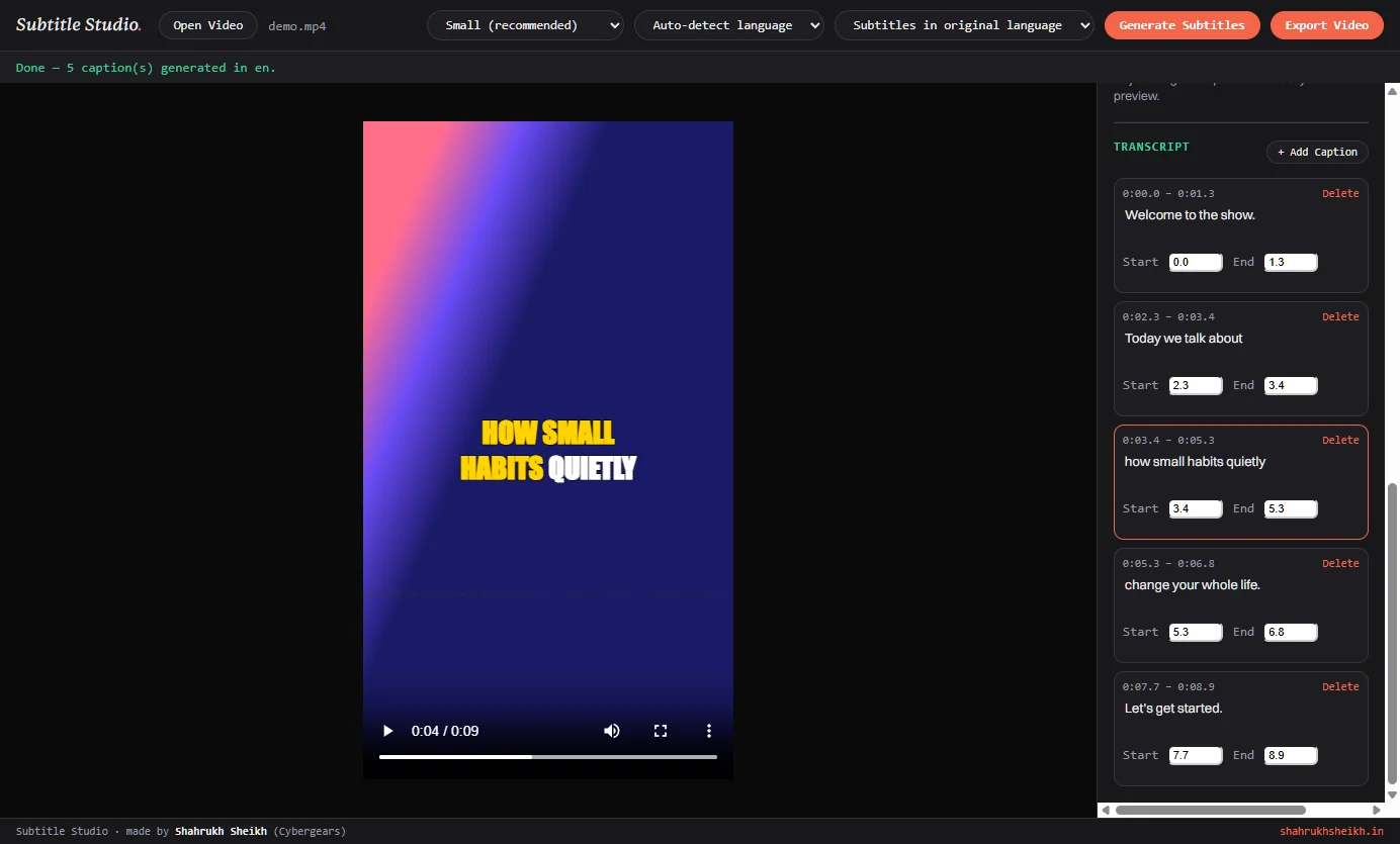 Subtitle Studio with the Transcript list open: five captions, each with editable text, start and end times and a Delete button, and the current caption highlighted.
