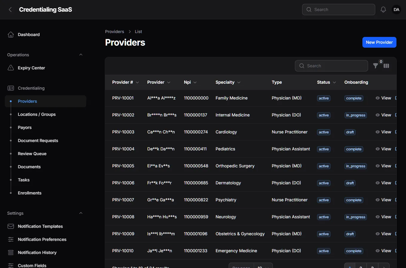 The Providers list with provider number, masked name, NPI, specialty, type, status and onboarding state.