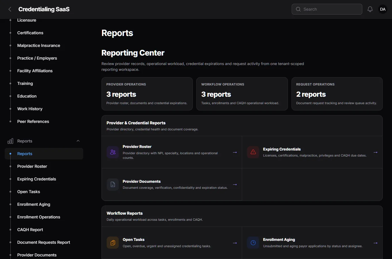 The Reporting Center: provider and credential reports, workflow reports, and document request reports as cards.