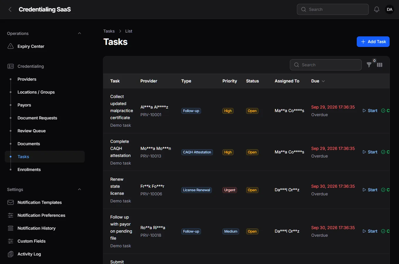 Tasks list with task title, provider, type, priority, status, assignee and due date, with overdue dates in red.