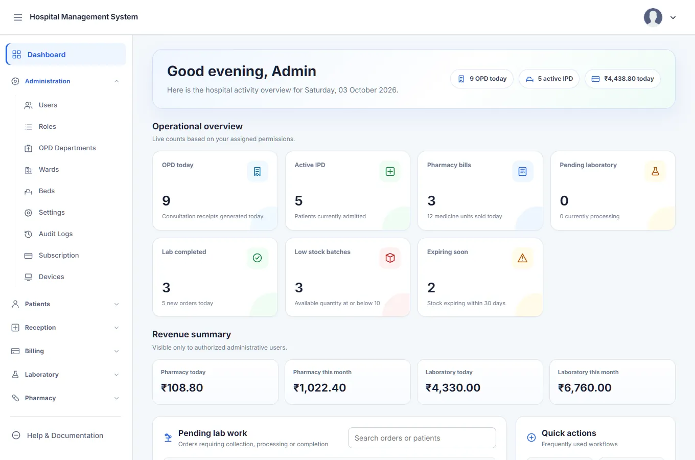 The hospital dashboard: a greeting for the day with counts of OPD visits, active IPD patients and revenue, cards for OPD today, active IPD, pharmacy bills, pending laboratory work, low stock and expiring stock, and a left sidebar with Administration, Patients, Reception, Billing, Laboratory and Pharmacy.
