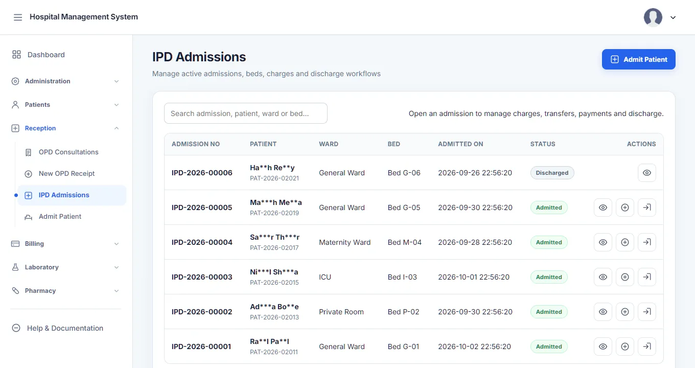 IPD Admissions: a list of admissions with admission number, masked patient, ward, bed, admission time and status Admitted or Discharged.