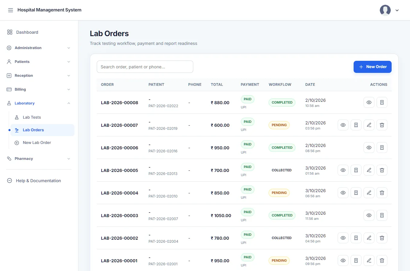 Lab Orders list with order number, masked patient number, total, payment status and workflow status such as Pending, Collected and Completed.