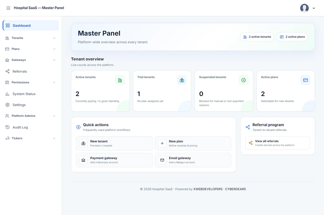 The Master Panel dashboard with counts of active tenants, trial tenants, suspended tenants and active plans, and quick actions to add a tenant, a plan, a payment gateway and an email gateway.