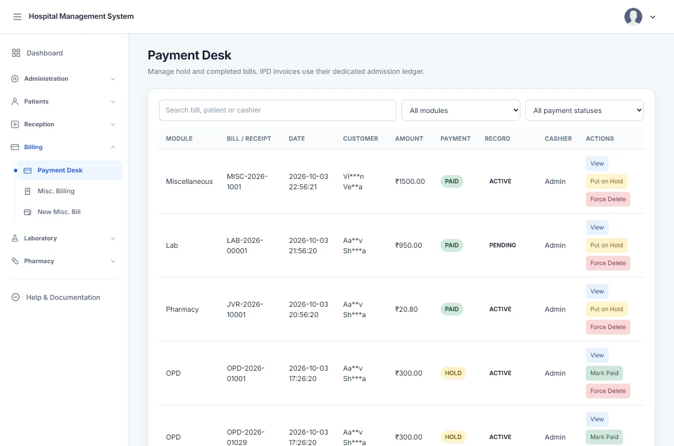 The Payment Desk listing bills from every module with amount, payment status and actions to view, put on hold or mark paid.