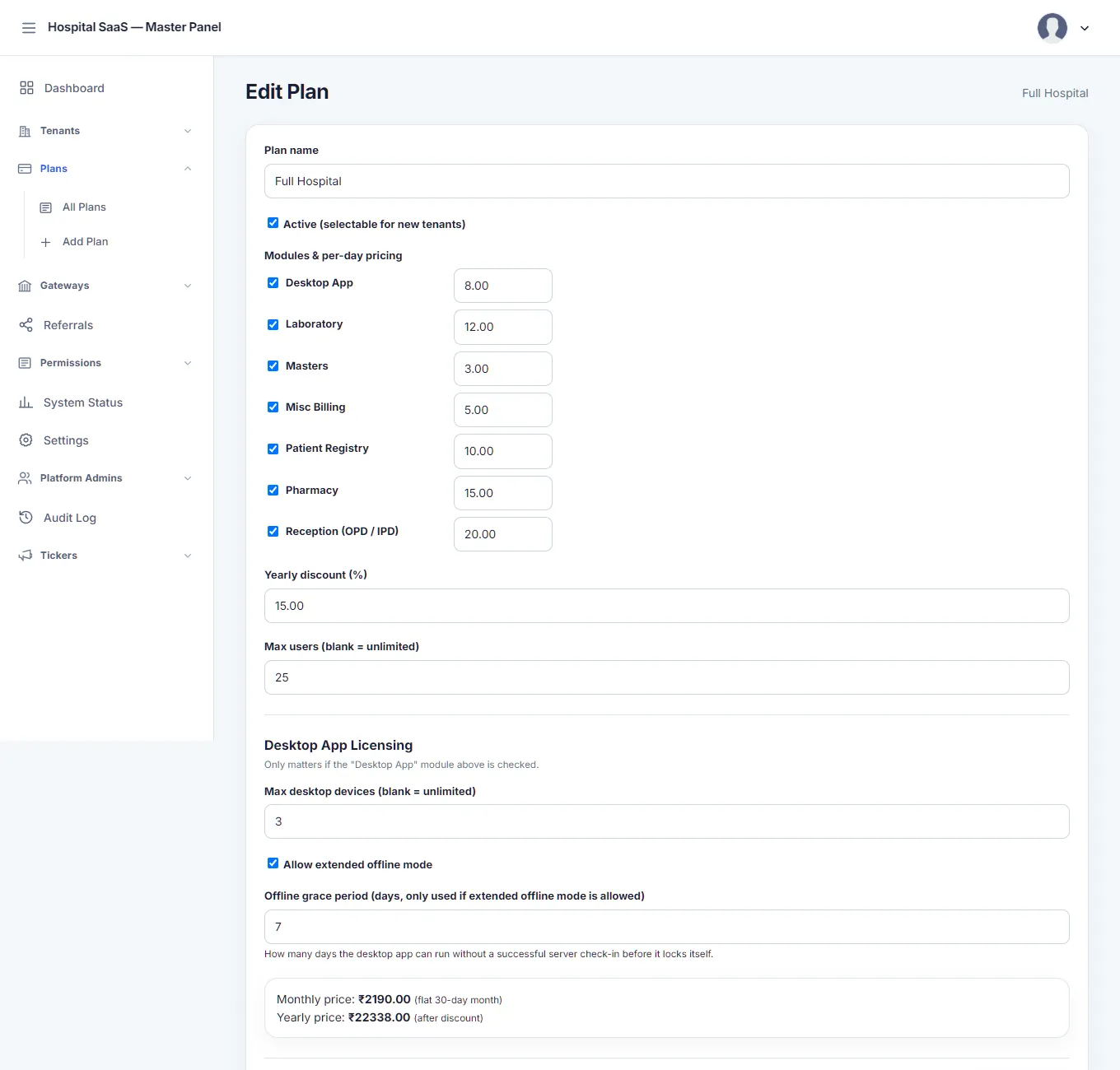 Edit Plan: a plan name, a checkbox and price per day for each module, a yearly discount and a user limit.