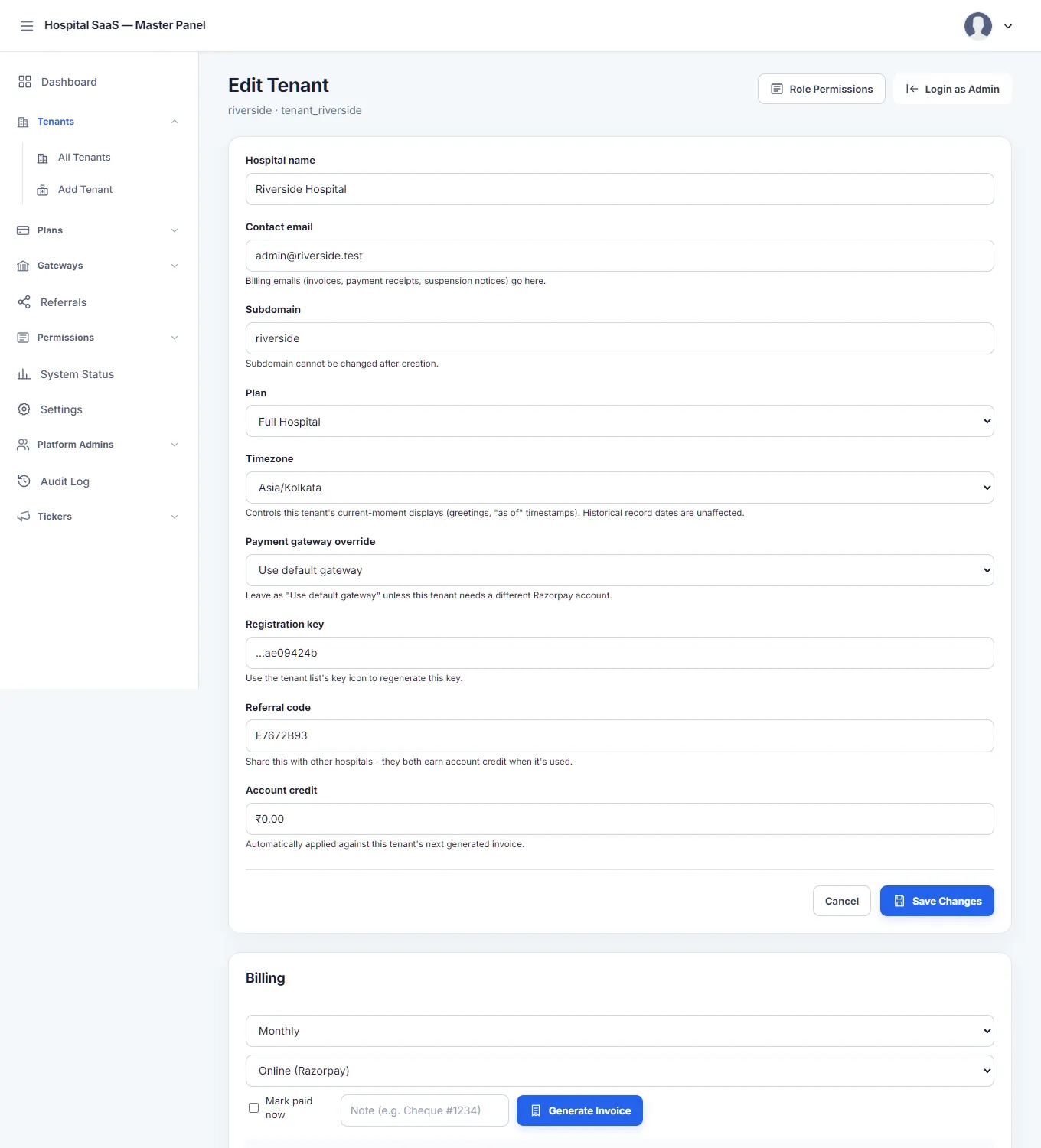 Edit Tenant: hospital name, contact email, subdomain, plan, timezone, payment gateway override and a registration key.