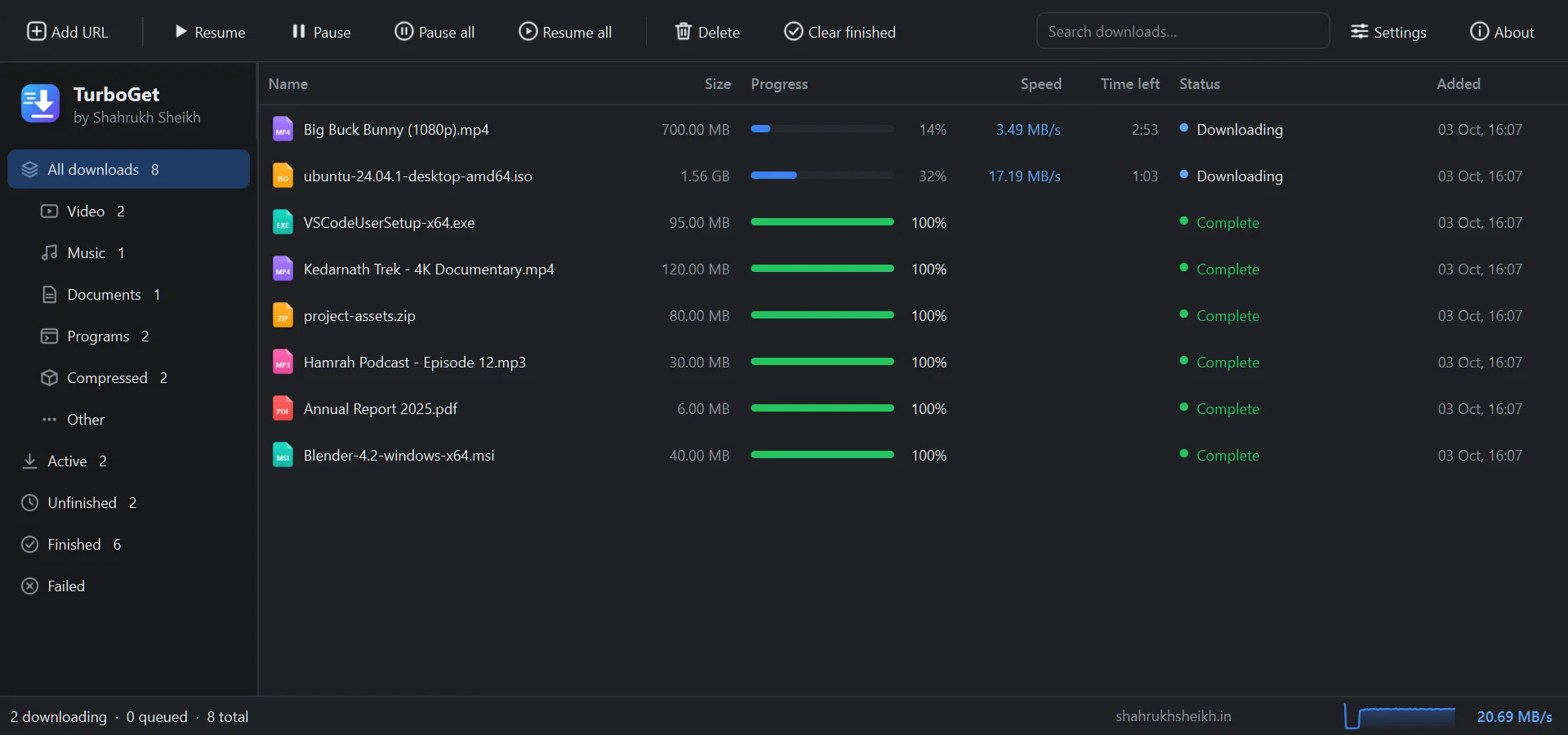 TurboGet main window: a download list with file-type icons, progress bars, speeds and statuses, categories in the sidebar and the total speed at the bottom.