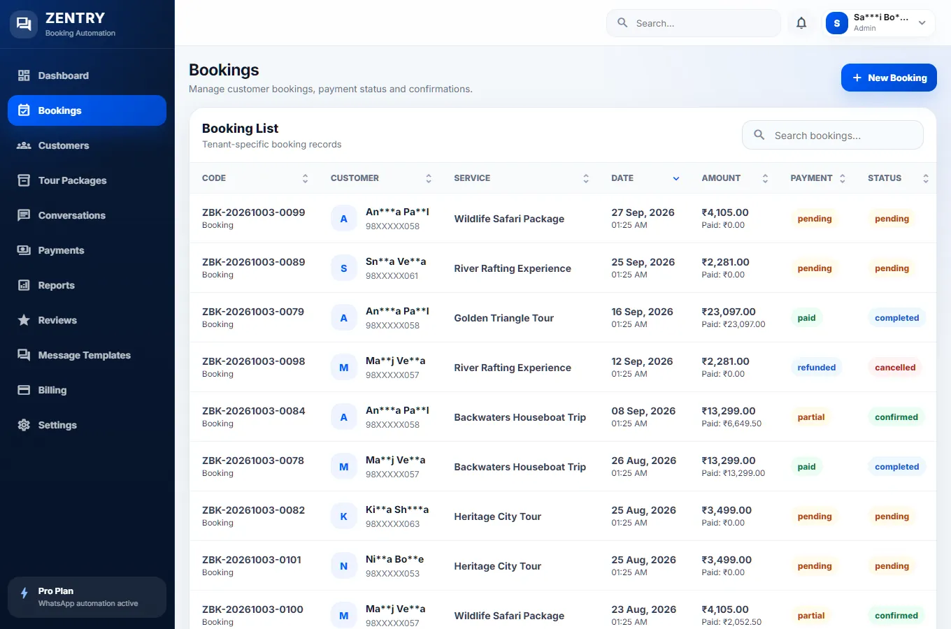 The Bookings list with booking code, masked customer, service, date, amount, payment status and booking status such as pending, paid, partial and refunded.