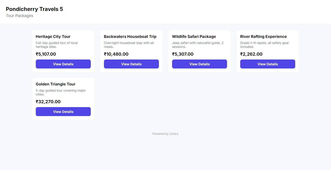 The public web storefront for a demo business: five packages with prices and View Details buttons.
