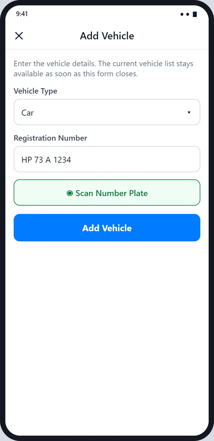 The Add Vehicle form: a vehicle type picker, a registration number field, a Scan Number Plate button and an Add Vehicle button.
