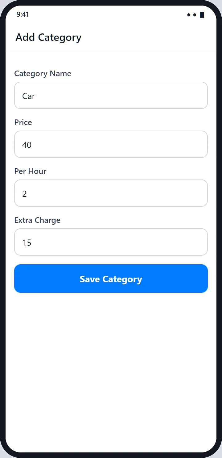 Add Category form: Category Name, Price, Per Hour and Extra Charge fields and a Save Category button.