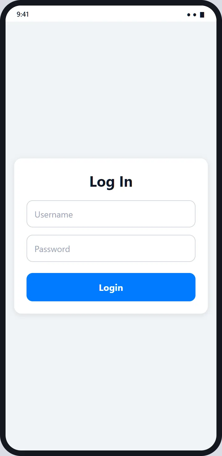 The login screen: a white card with Log In, a username field, a password field and a blue Login button.