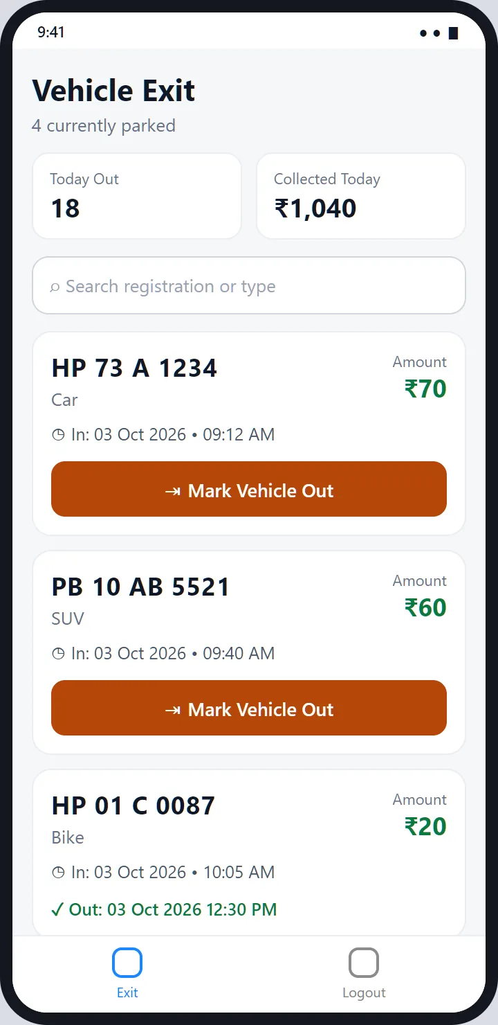 Vehicle Exit: Today Out and Collected Today totals, a search box and vehicle cards with a Mark Vehicle Out button, and a checked-out vehicle with its exit time.