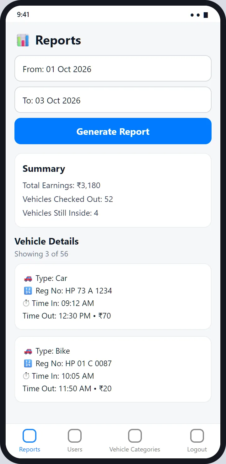 Reports: a from date, a to date, a Generate Report button, a Summary of total earnings and vehicles, and Vehicle Details cards.