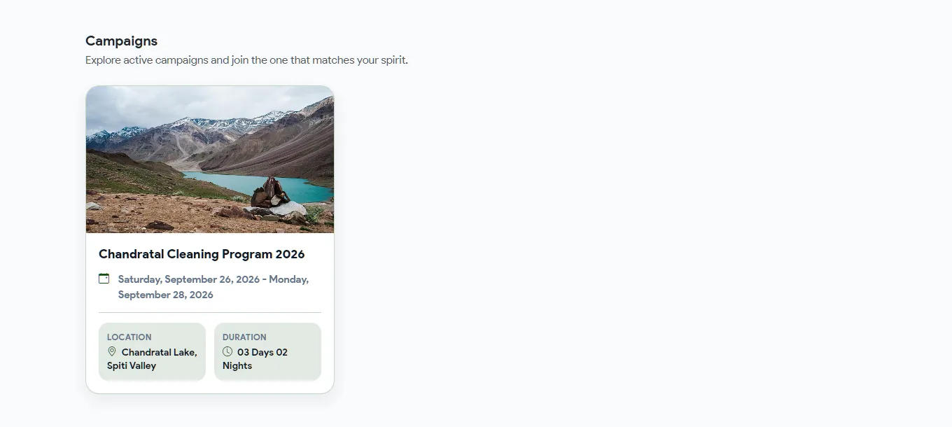 The Campaigns page on the live site, showing one campaign card: Chandratal Cleaning Program 2026 with its dates, location and duration.